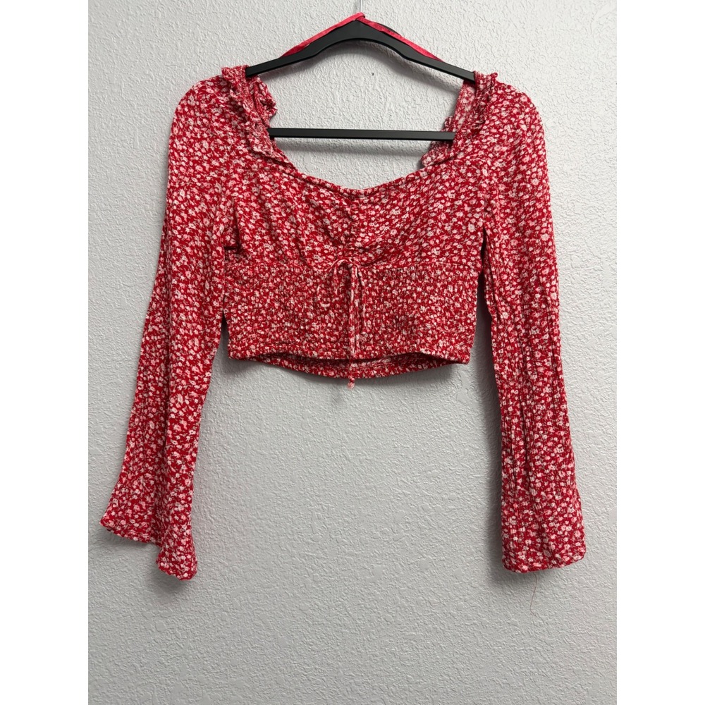 Sim & Sam Small Red Floral Smocked Crop Top‎ Long Bell Sleeve Ditsy Print